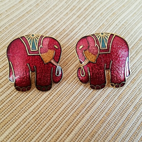 Jewelry - Cloisonne Earrings Cherry Elephants